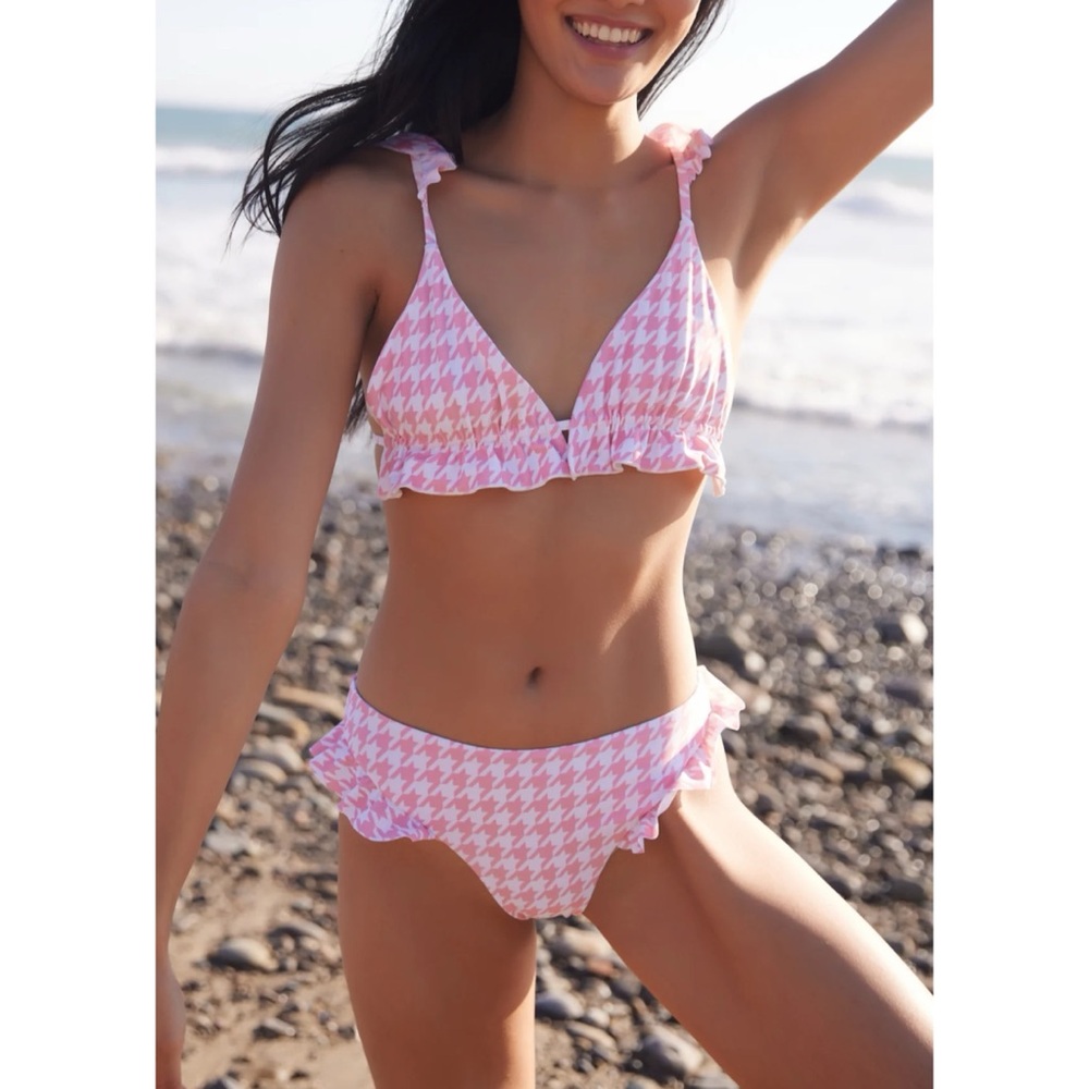 Lost + Wonder Women's Pink Sands Bikini‎ Bottoms Ruffle Pink Houndstooth S
